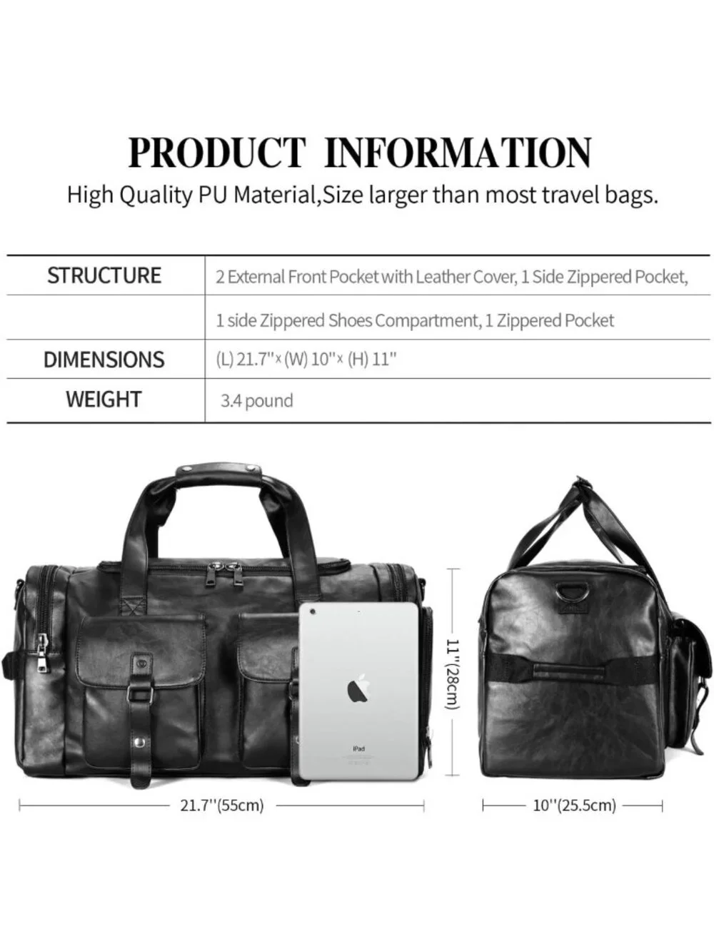 Stylish PU Leather Travel Duffel Bag with Shoe Pouch - Weekender & Overnight Bag